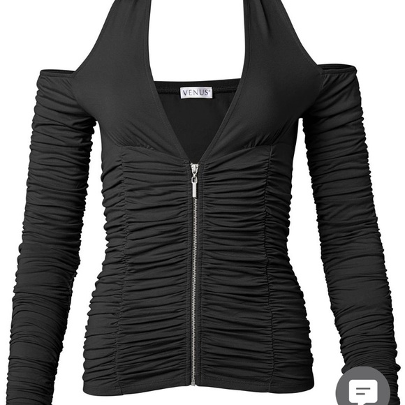 Venus Ruched Top Zippered Halter Long Sleeve Sexy Black New Size Small - Picture 2 of 8